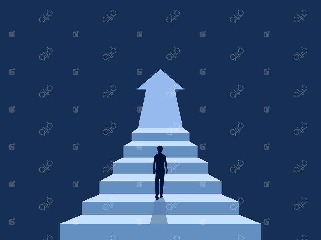 تاجر در حال صعود از پله‌ها به سمت آینده است