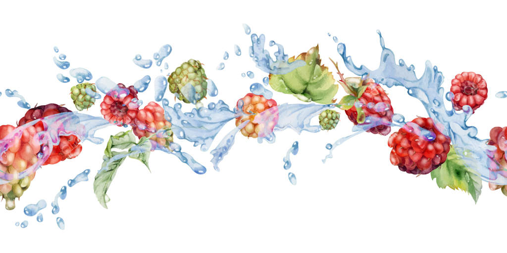 هندوانه در پرواز در آب با برگ‌ها و قطرات شبنم، توت‌فرنگی تابستانی و رسیده از باغ و جنگل، ترسیم‌شده با آبرنگ. بنر یکپارچه. کنسرو خانگی، لوازم‌التحریر، منو، کتاب دستور آشپزی