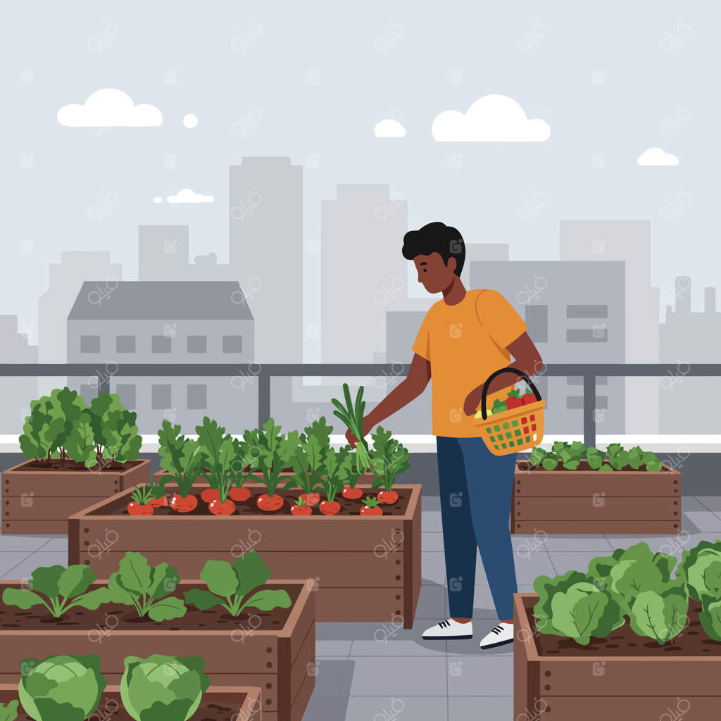 باغ سبزیجات روی پشت‌بام در شهر با فردی در حال برداشت محصولات تازه، طرحی از زندگی شهری