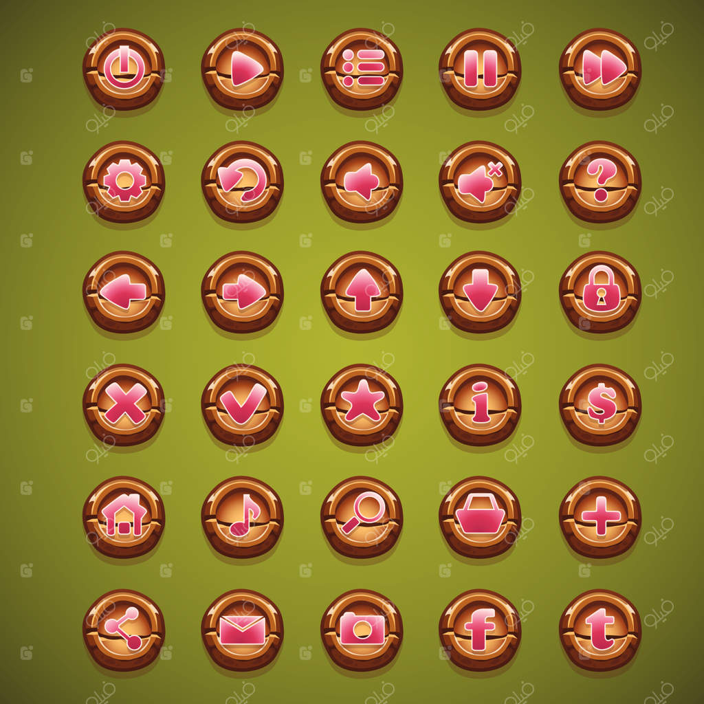 مجموعه بزرگ دکمه‌های چوبی کارتونی برای رابط کاربری بازی رایانه‌ای جنگل جادویی