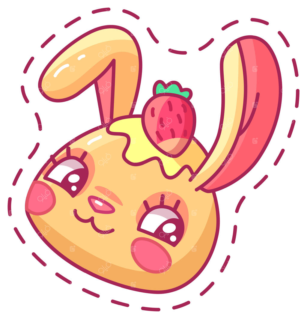 شخصیت کارتونی خرگوش با چهره‌ای بامزه و رویه‌ی توت‌فرنگی در زمینه‌ای شاد و رنگارنگ، مناسب برای موضوعات کودکان