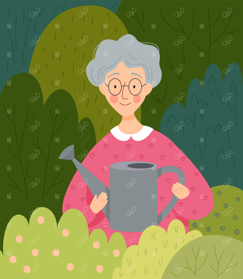 پیرزنی آب‌پاش به دست در حال باغبانی است.