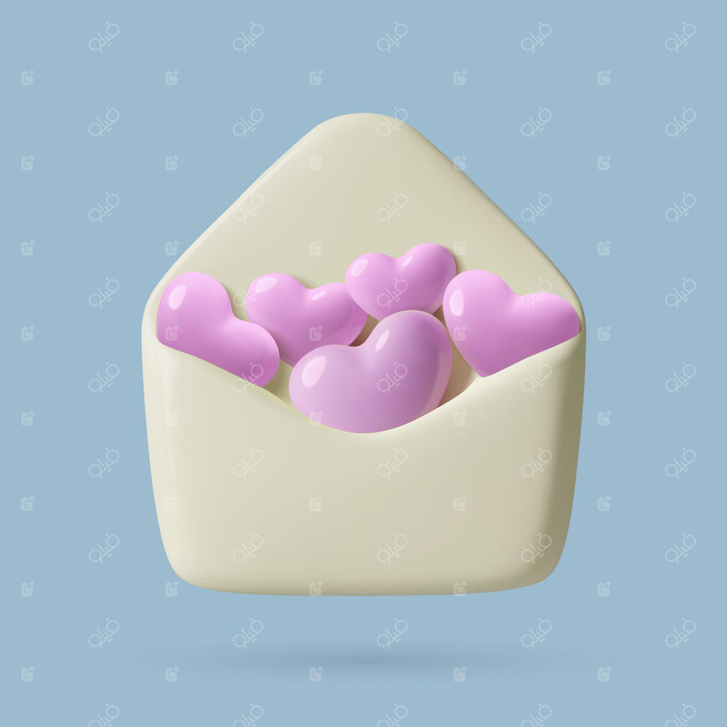 آیکون سه‌بعدی 14 فوریه با پاکت سفید و قلب‌های صورتی. مفهوم نامه عاشقانه و پیام رمانتیک برای روز ولنتاین