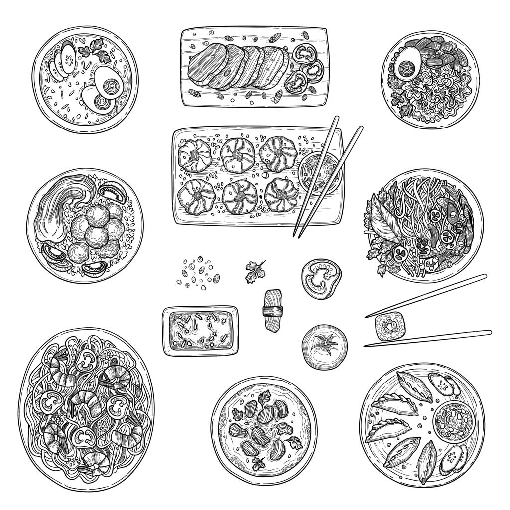 آشپزخانه آسیایی: نگاهی به غذاهای سنتی چینی و منوی کره‌ای - مجموعه‌ای از غذاهای شرقی و چینی، تصویرگری وکتوری