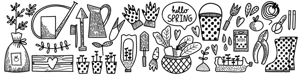مجموعه عناصر وکتور: کلکسیون بهار و تابستان باغبانی در سبک دست‌کشیده. تجهیزات پرورش گیاهان: آب‌پاش، چکمه، بذر، دستکش، سبزیجات و نهال‌ها. طبیعت، باغ.