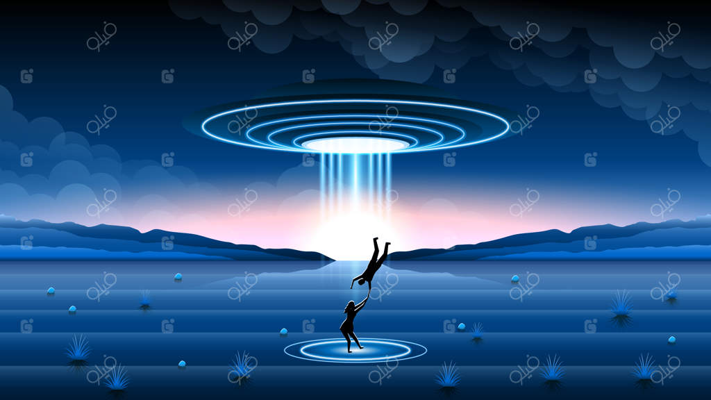 پس‌زمینه‌ آسمان انتزاعی: جنگل، سایه‌ها، بشقاب‌پرنده‌ها و کوه‌هایی زیر ابرهای شبانه همراه با ربودن مردم