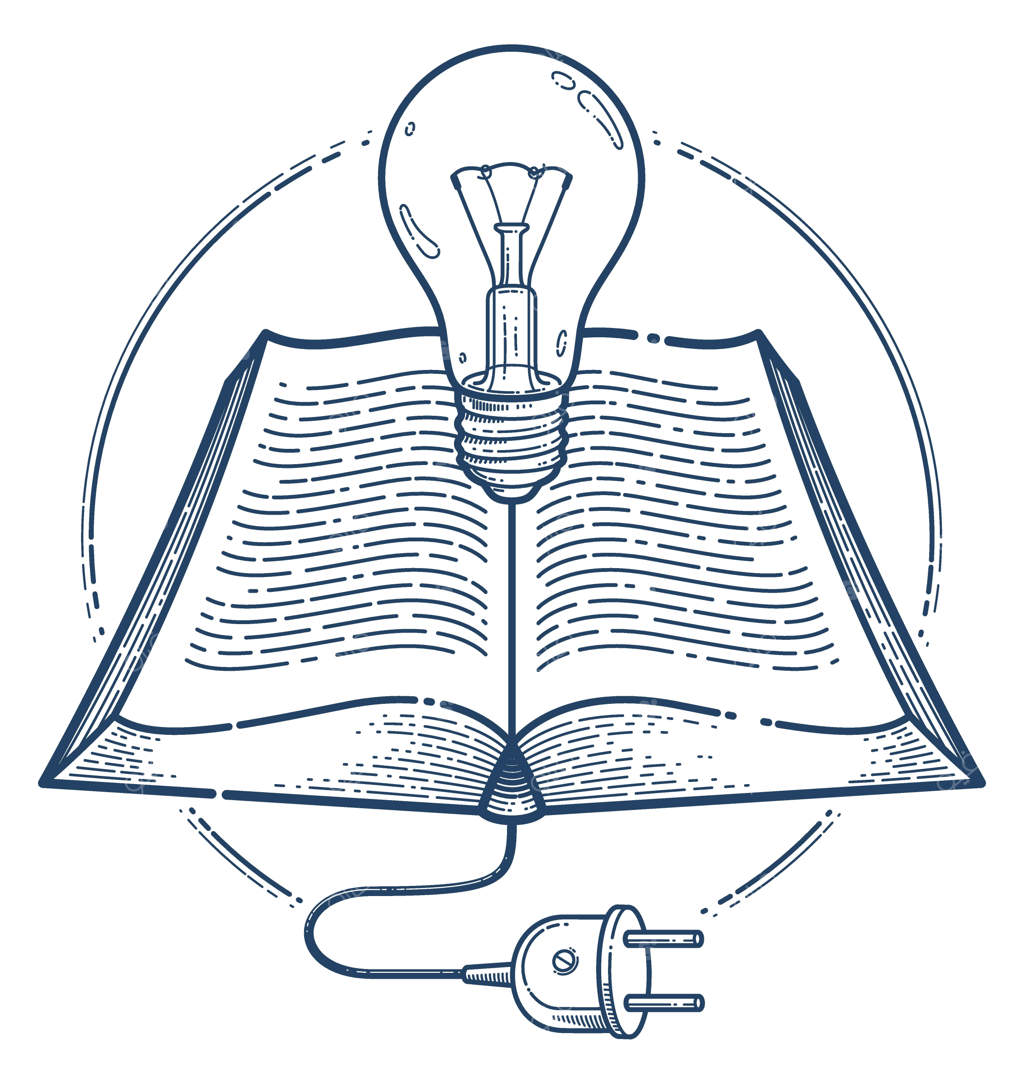 کتاب باز با نماد لامپ ایده و دوشاخه کابل: آیکون خطی برای کتابخانه ادبیات علمی و آموزشی، نماد یا لوگوی کتاب الکترونیکی.