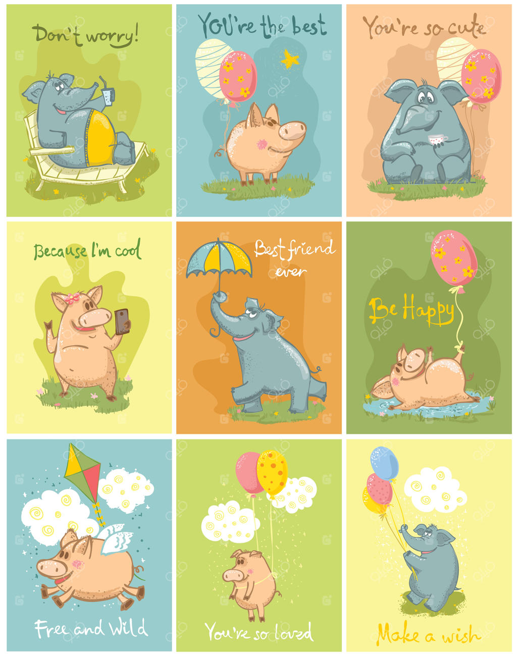 تصویرسازی وکتوری فیل‌ها و خوک‌های رنگارنگ برای طراحی کارت تبریک و چاپ روی تیشرت یا پوستر الهام‌بخش