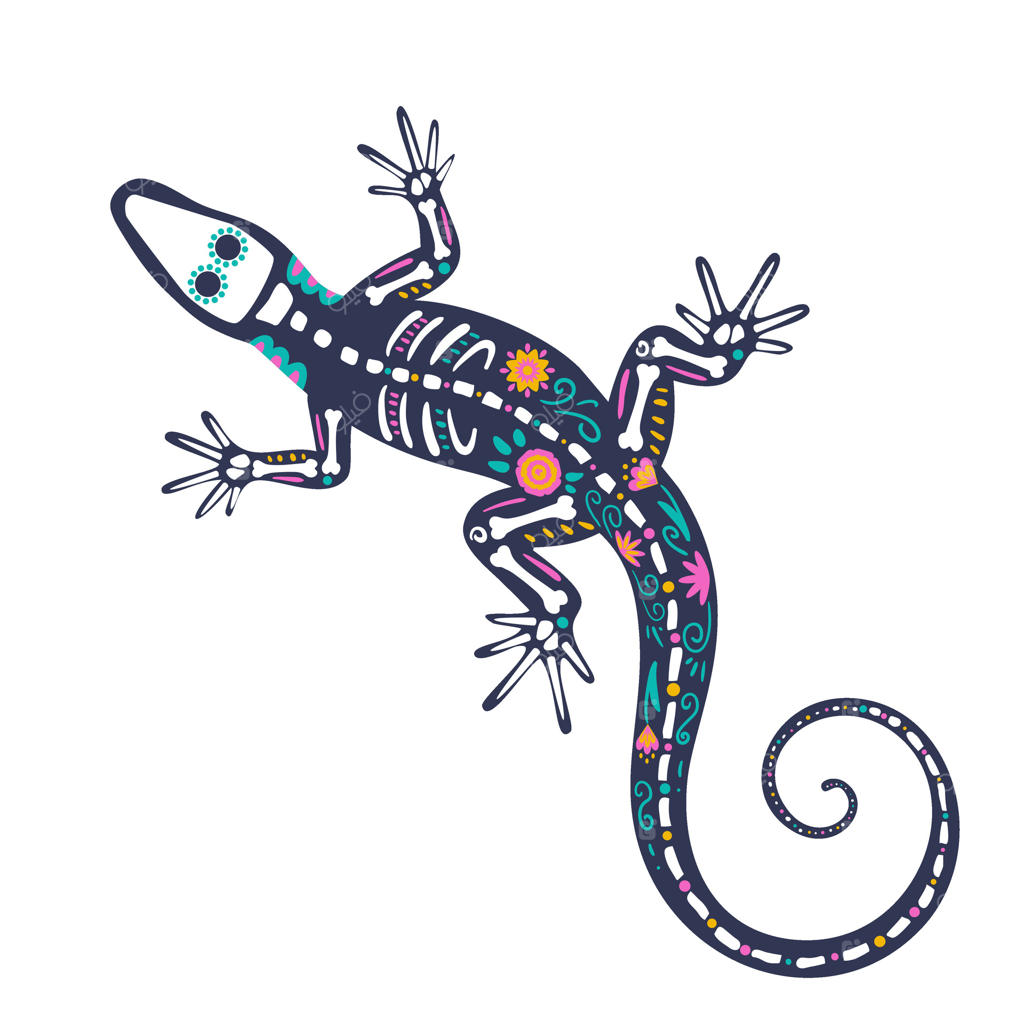 اسکلت مارمولک تزیین شده با گل‌ها و عناصر زینتی، نمای بالا. حیوان جشنواره‌ای برای روز مردگان در مکزیک، روز دی دیاس د لوس مورتوس.