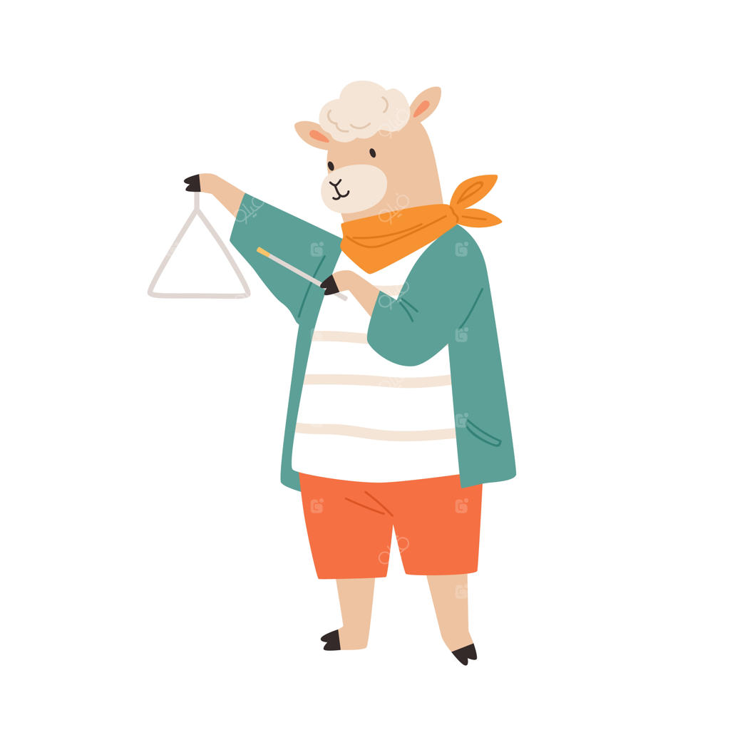 بره بامزه در حال نواختن مثلث - نوازنده خنده‌دار و کودکانه با ساز موسیقی. تصویر رنگی و تخت.