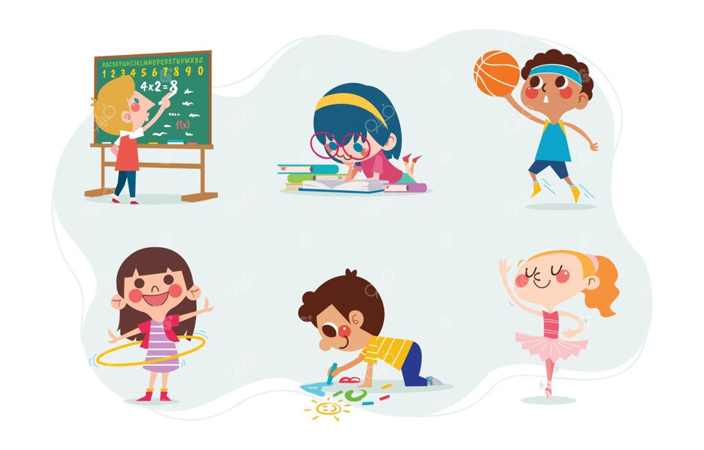 کاراکتر کودکان بامزه با فعالیت‌های مدرسه