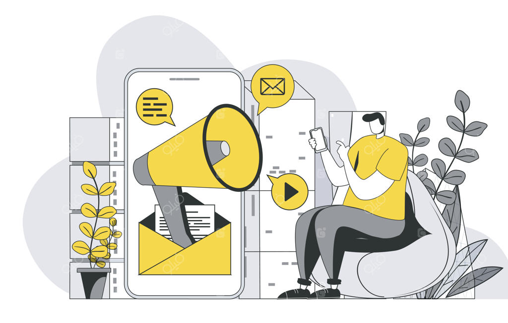 مفهوم بازاریابی موبایلی با صحنه افراد: بازاریاب در حال اجرای کمپین تبلیغاتی