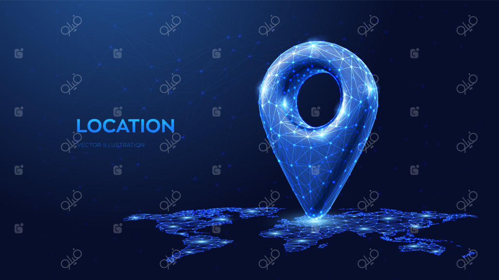 آیکون سه‌بعدی مکان‌یابی - نشانگر موقعیت روی نقشه جهان. علامت مکان‌یاب GPS با طراحی شبکه‌ای. نماد سیستم موقعیت‌یابی جهانی. تصویرسازی برداری.