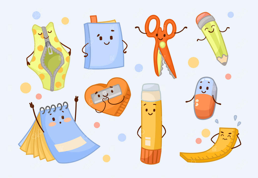 مجموعه‌ای از تصاویر وکتور کاراکترهای کارتونی لوازم‌التحریر بامزه: تراش، پاک‌کن، دفترچه، مداد، خودکار، جامدادی و خط‌کش به‌عنوان نمادهای مدرسه‌ای. مفهوم نوشت‌افزار