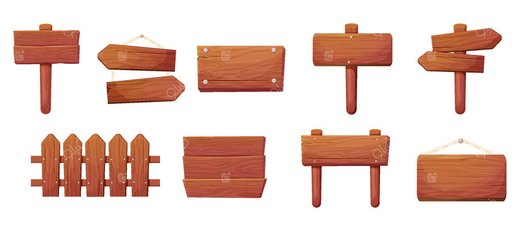 تخته چوبی به عنوان تابلو راهنما با بافت چوبی برای بازی، مزرعه، باغ یا جنگل. طراحی منوی کاربری. پیکان‌های جهت‌دار در فضای باز.