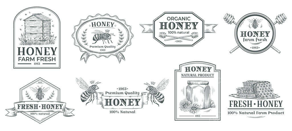 برچسب عسل طبیعی: مجموعه‌ای از برچسب‌ها و نشان‌های طراحی دستی برای محصولات عسل و زنبورداری کلاسیک