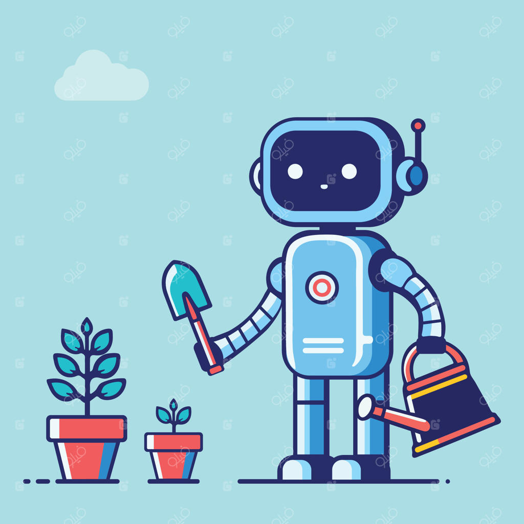 رباتی که در باغبانی خانگی کمک می‌کند، همراه با آبیاری و ابزارهای باغبانی مانند بیلچه و گلدان گل. روباتیک در حال انجام کارهای خانه و باغ. شخصیت کارتونی هوش مصنوعی که مانند کشاورزان گیاه پرورش می‌دهد.
