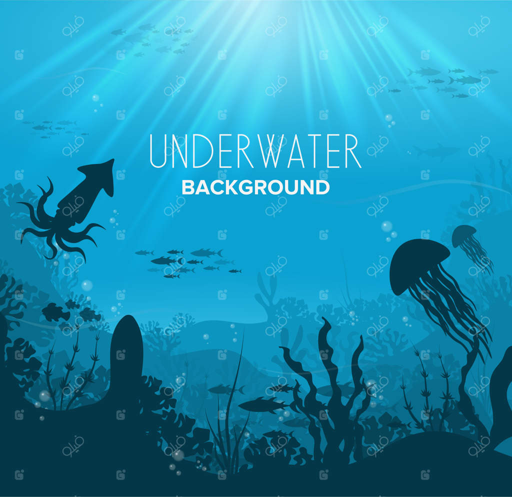 سیلوئت‌های سیاه ماهیان شناگر با خطوط آبی مرجان‌ها و گیاهان وکتوری