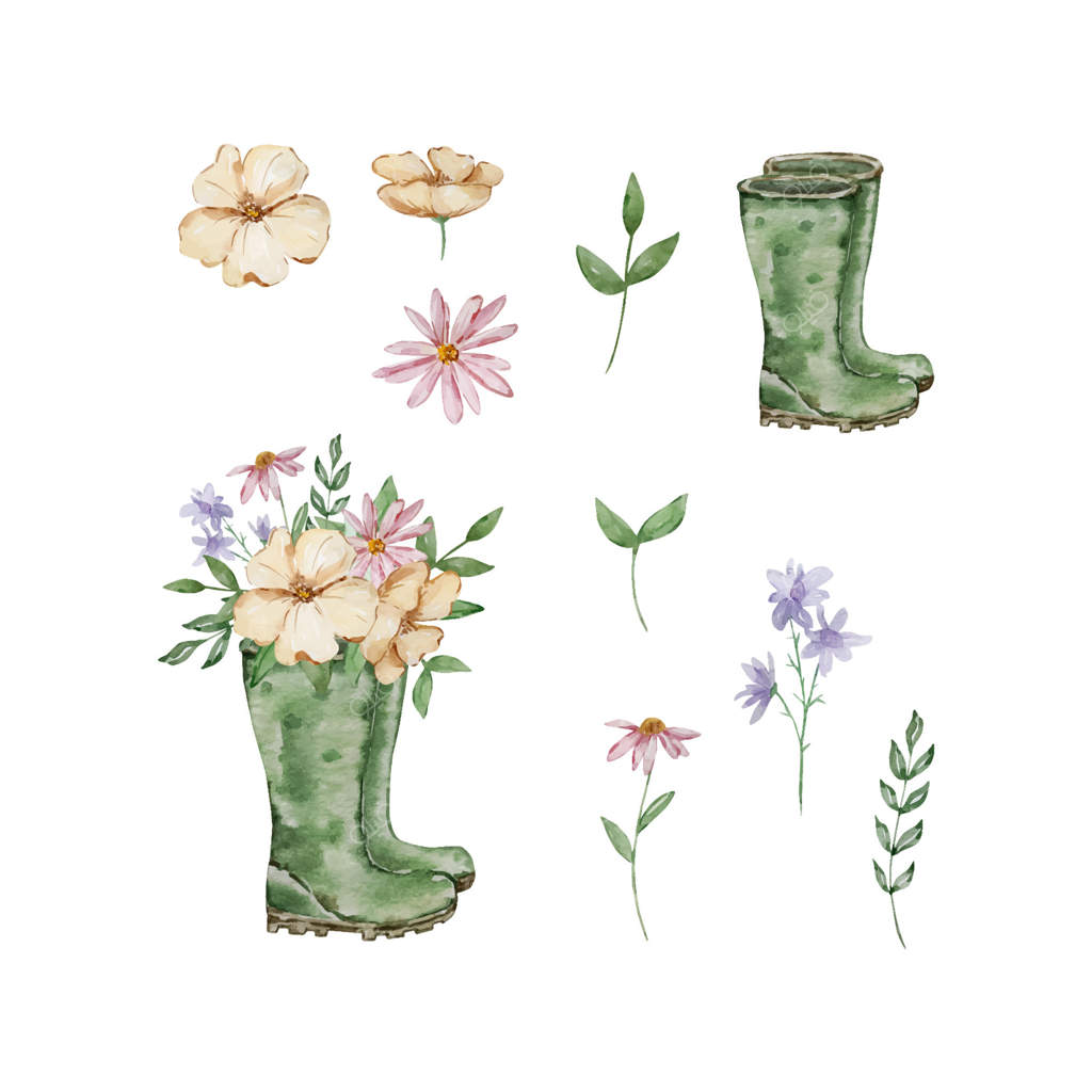 چکمه‌های بارانی آبرنگی با طرح گل‌های باغچه‌ای