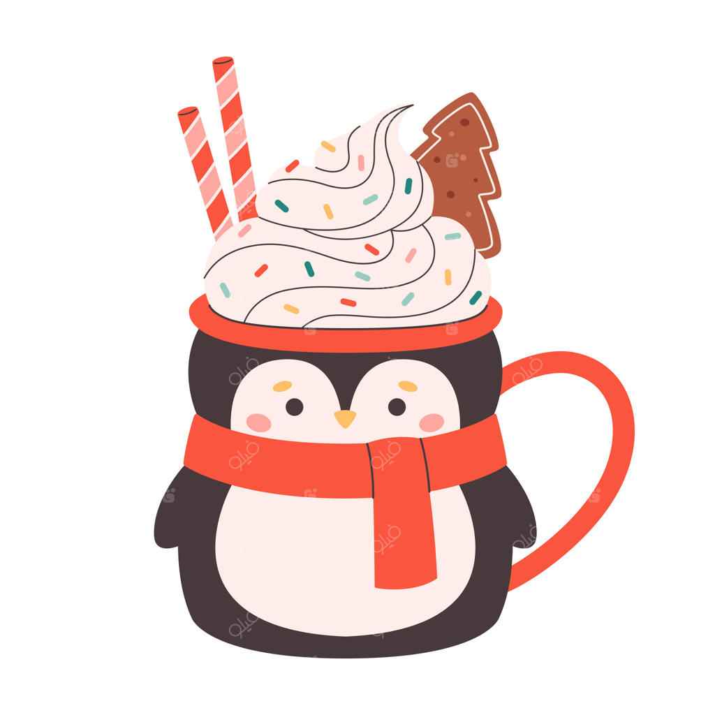 نوشیدنی گرم کریسمس زمستانی با خامه شیرین، آب‌نبات عصایی و نان زنجبیلی. لیوان بامزه به شکل پنگوئن.