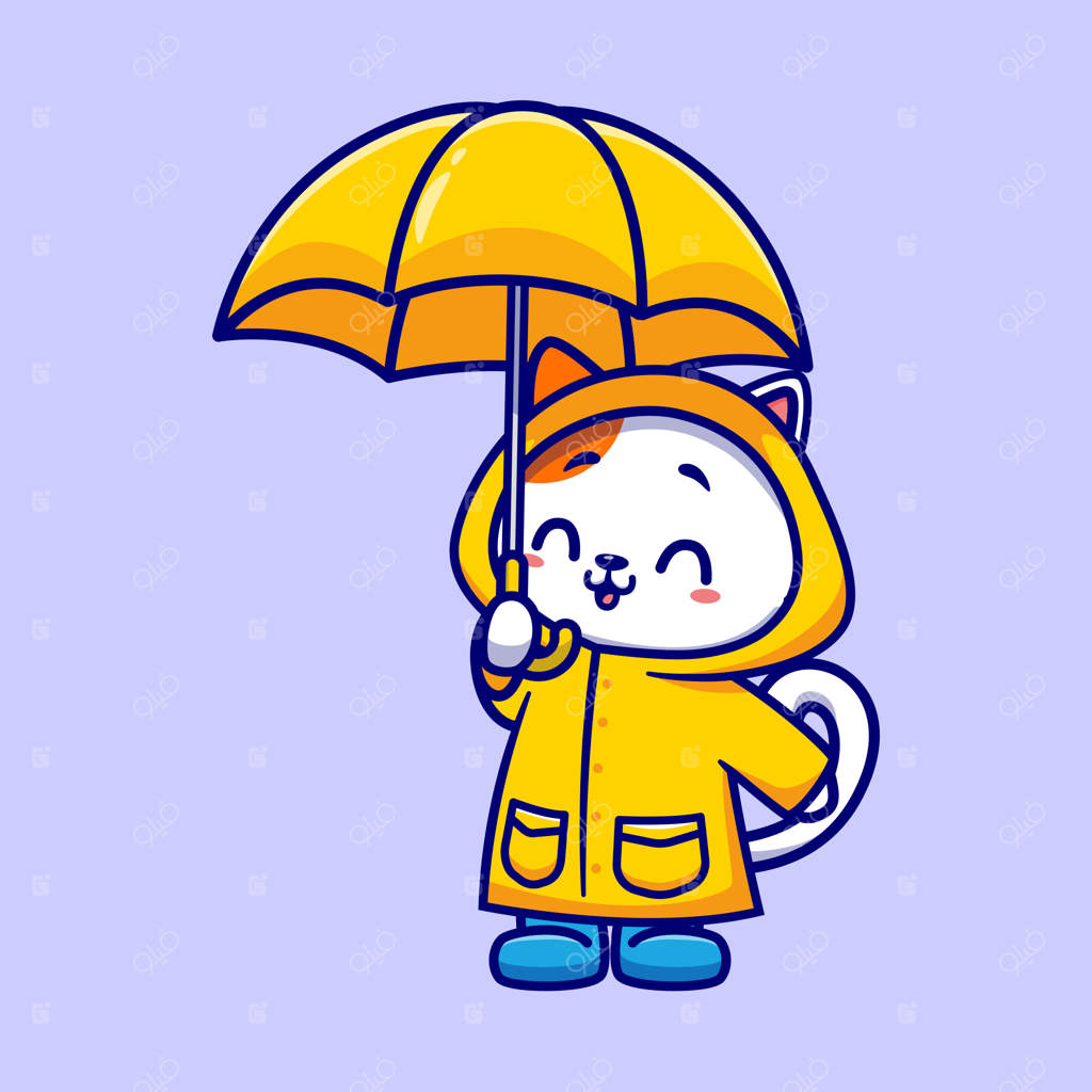 نقاشی کارتونی گربه بامزه با بارانی و چتر. آیکون حیوانات در طبیعت