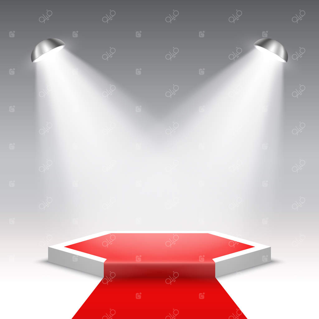 صحنه‌ای برای مراسم اهدای جوایز با نورافکن‌ها. سکو سفید با فرش قرمز. پایه. صحنه شش ضلعی.