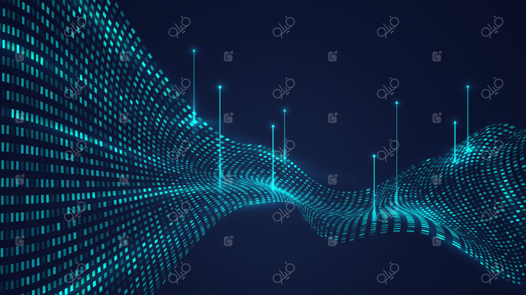 مفهوم داده‌های بزرگ و فناوری مدرن دیجیتال: الگوی دینامیک مربعات آبی با پیکسل‌ها و نورپردازی آینده‌نگر در پس‌زمینه‌ای تیره