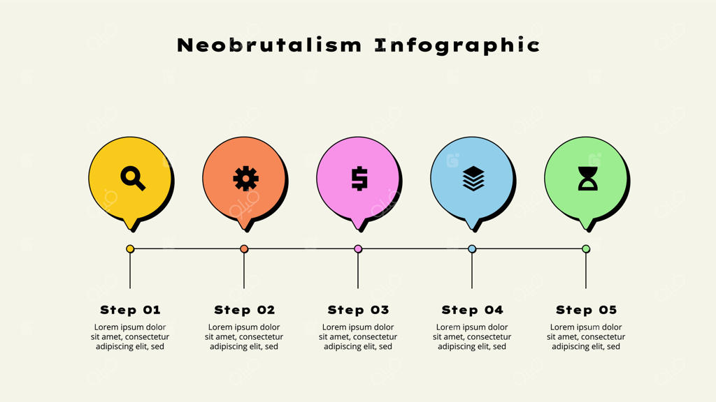پنج المان دایره‌ای افقی. مفهوم ۵ گزینه در فرایند توسعه کسب‌وکار. تصویرسازی تایم‌لاین. قالب اینفوگرافیک نئوبروتالیسم.