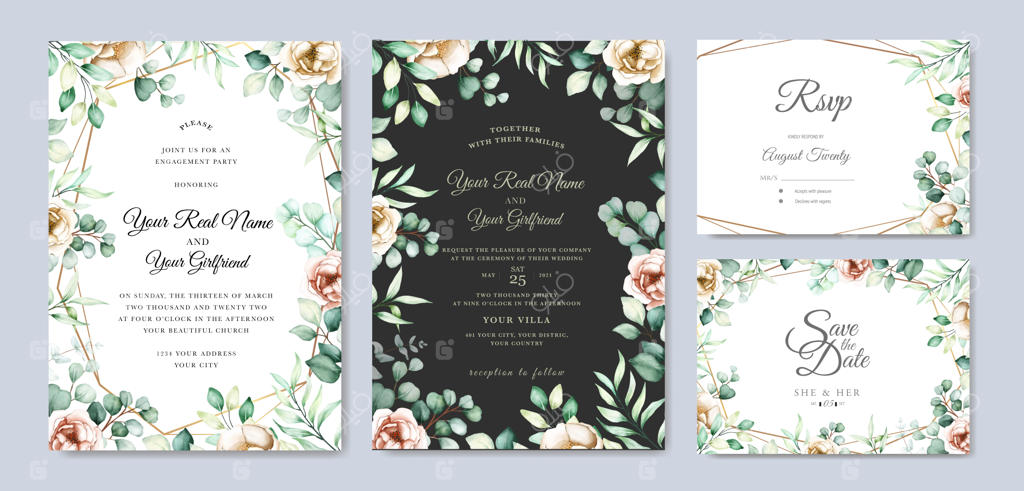 مجموعه کارت دعوت عروسی با طراحی آبرنگی اوکالیپتوس