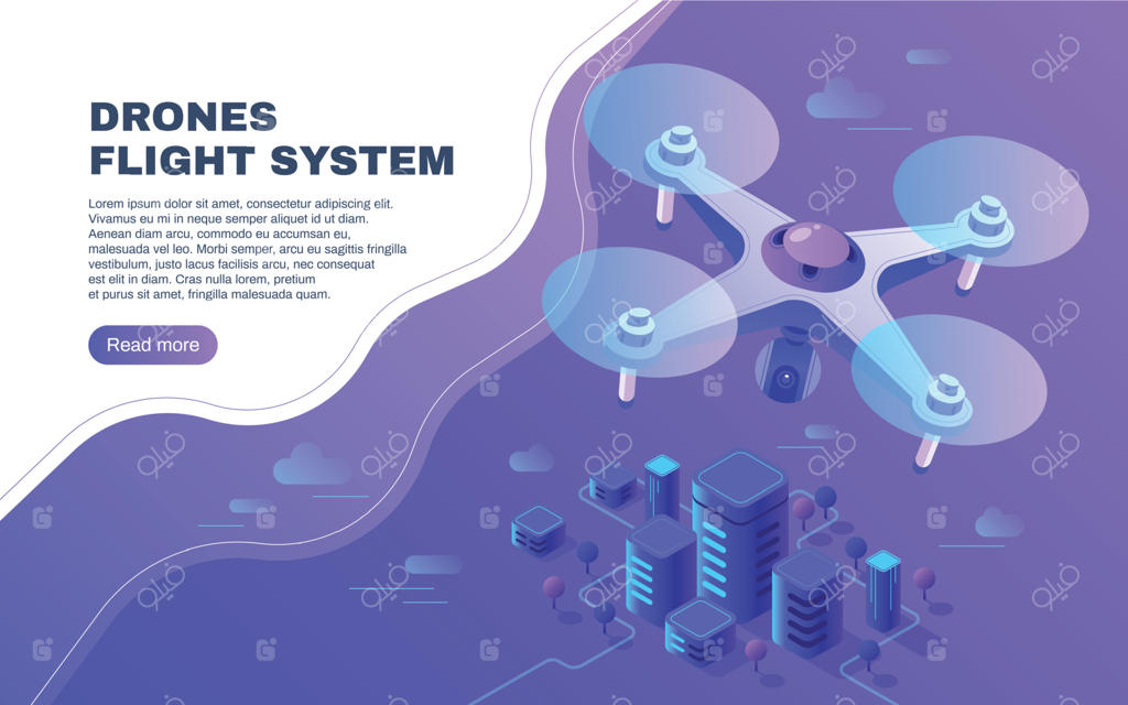 پهپاد سرگرمی دیجیتال، نظارت هوایی و پهپاد تحویل در حال پرواز بر فراز شهر - تصویرسازی وکتور