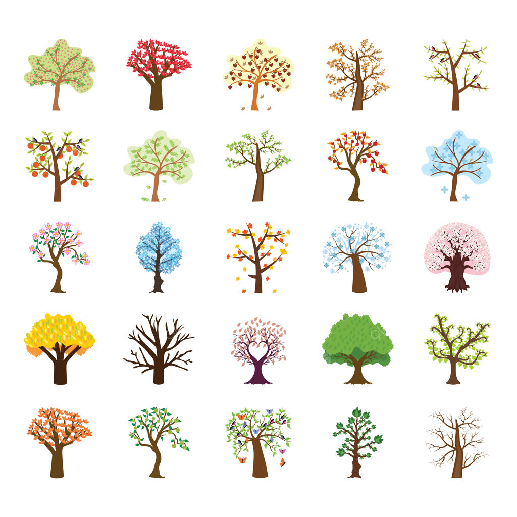 مجموعه آیکون وکتور تخت درختان چهار فصل