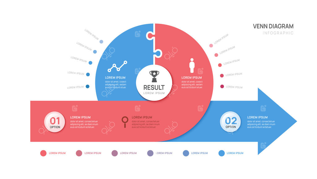 اینفوگرافی نمودار ون: قالب پازل چارت پیکان برای ارائه استارتاپ با المان‌های شفافیت در طراحی.