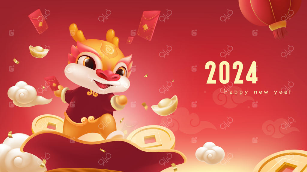 طراحی پس‌زمینه جشن بهاری یک اژدهای بامزه که روی یک کیسه خوش‌شانسی ایستاده و یک پاکت قرمز در دست دارد.