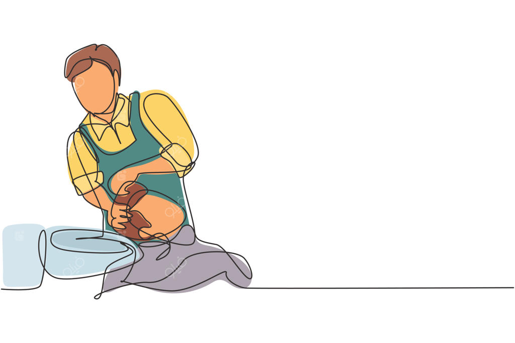 طرح خطی ممتد: جوان جذاب در حال دریافت مدل موی مدرن در آرایشگاه. نمای بالا از مردی که موهایش در سالن شستشو و ماساژ داده می‌شود. طراحی وکتور خطی یک‌باره.