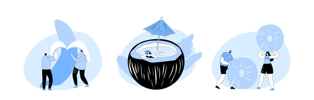 گروه افرادی با میوه‌های تازه و غذای سالم: مردی کوچک یک موز بزرگ پوست‌کنده را در دست دارد و زنی با لباس شنا در نارگیل آرامش می‌یابد