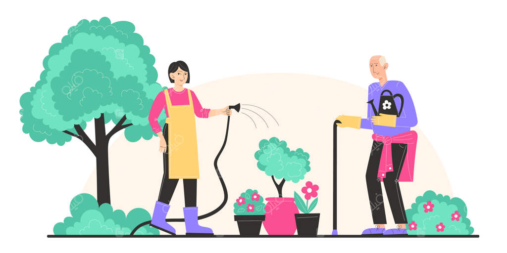 پدربزرگ و نوه‌اش به گل‌های باغ آب می‌دهند