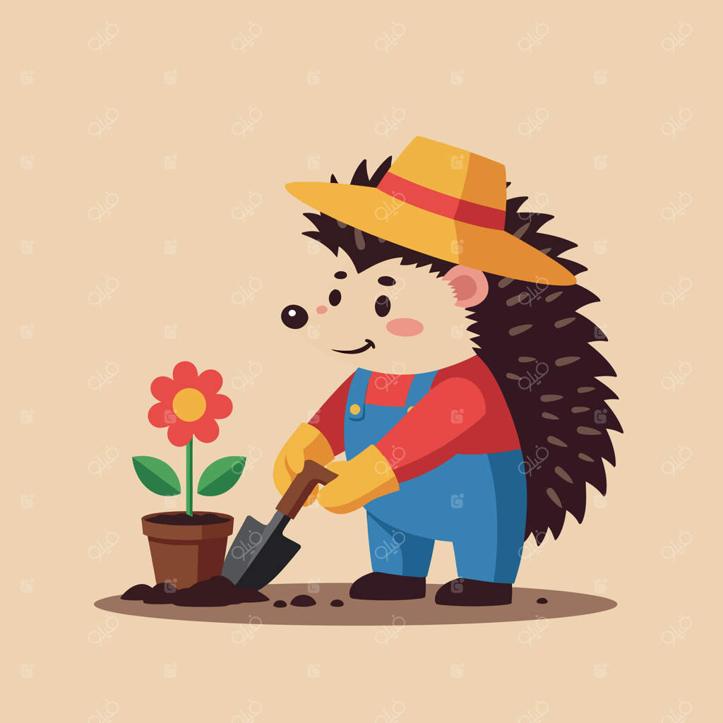 باغبان خارپشت در حال کاشت گل رنگارنگ در گلدان، تصویر شاد و ساده