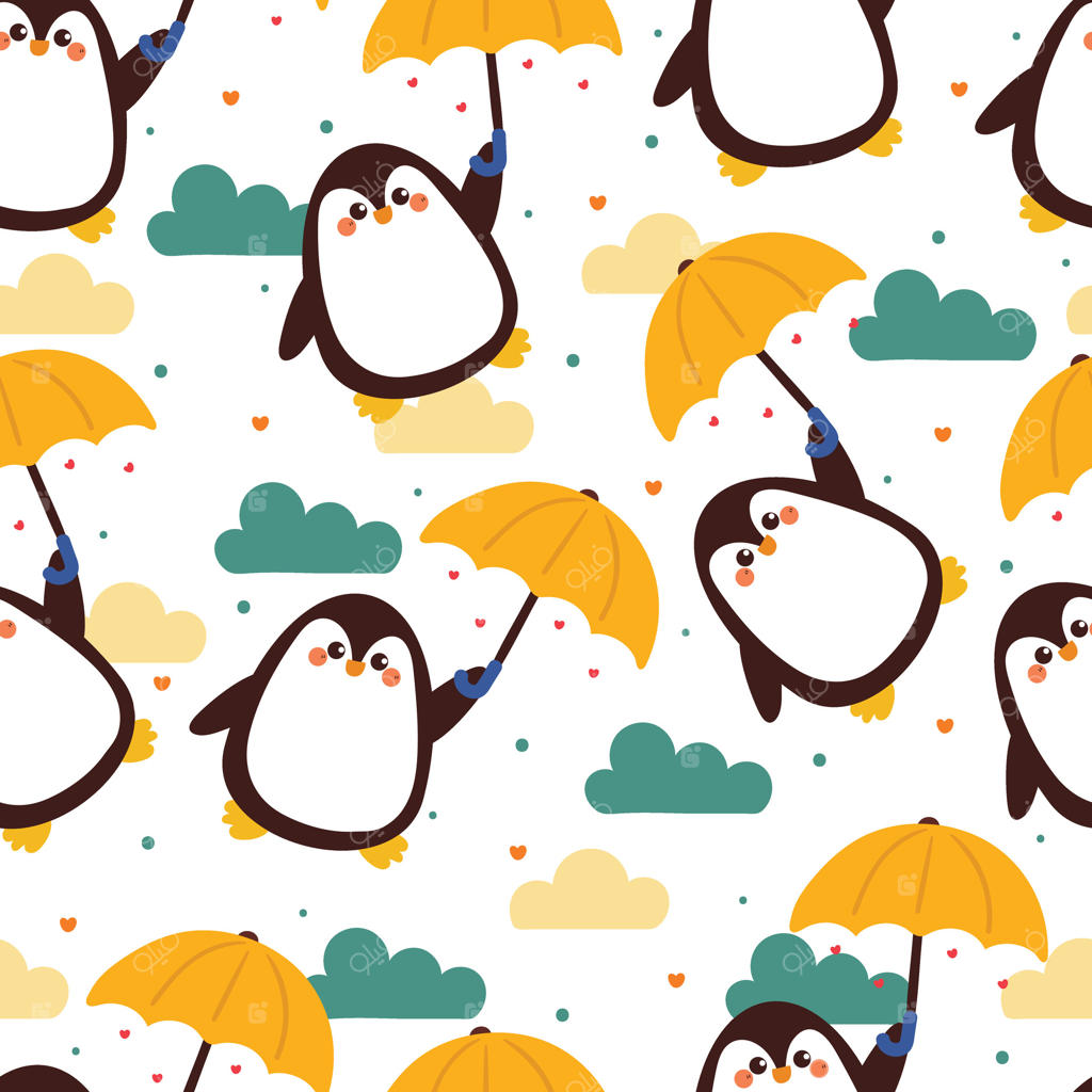 پترن کارتونی پنگوئن بامزه با چتر زرد و ابرهای آبی. طرح حیوانات بامزه در پس‌زمینه سفید برای کاغذ کادو و کاغذ دیواری