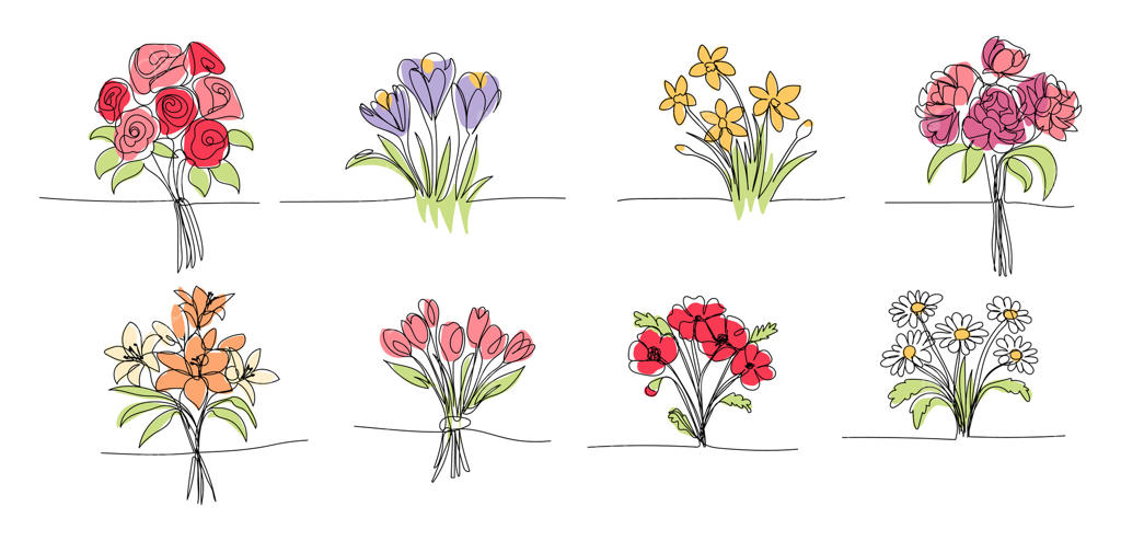 مجموعه‌ای از طراحی خطی دسته گل: طراحی وکتور تک‌خطی از گل‌های رز، لاله، زعفران، گل مروارید و نرگس برای کارت‌پستال و طراحی‌ها.