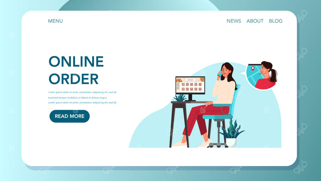 بنر وب تحویل غذا: سفارش آنلاین و تحویل درب منزل. با اینترنت سفارش دهید و منتظر پیک باشید. صفحه فرود سرویس تحویل غذا.