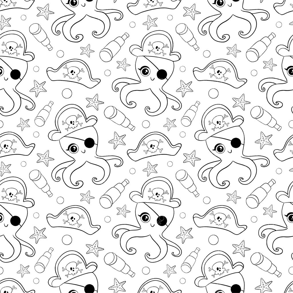 الگوی یکپارچه حیوانات کارتونی و بامزه دزدان دریایی. طرح اختاپوس دزد دریایی. صفحه رنگ‌آمیزی اختاپوس دزد دریایی.