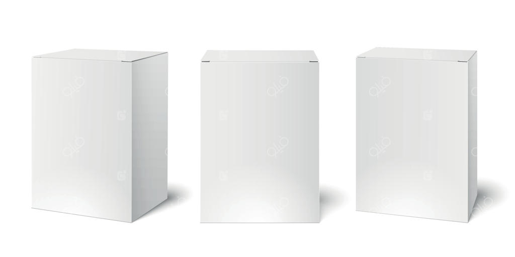 مدل‌سازی جعبه‌های بسته‌بندی کارتنی سفید. قالب وکتور واقع‌گرایانه بسته‌بندی داروهای سه بعدی