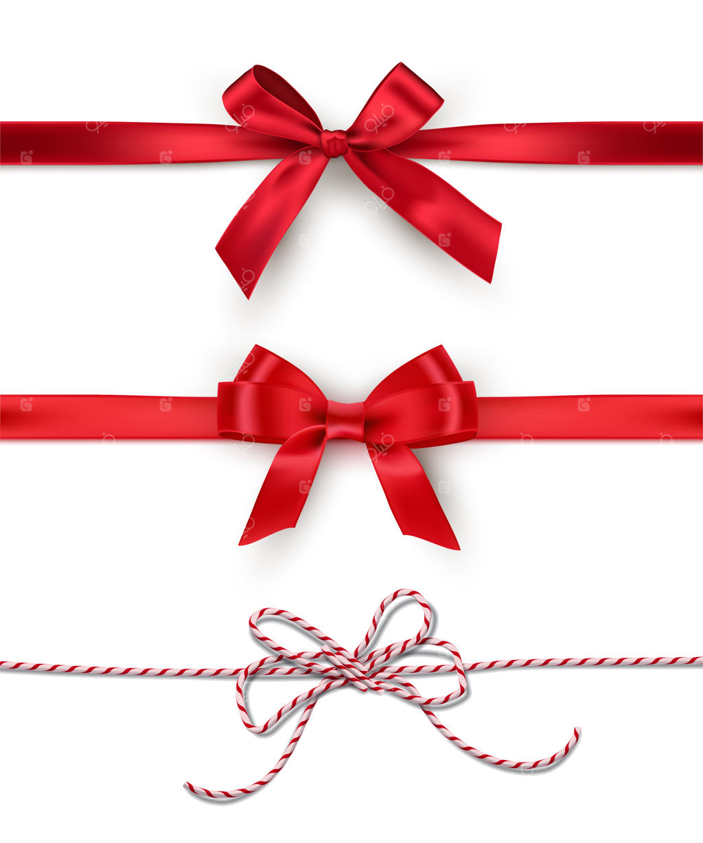 مجموعه‌ای از پاپیون‌های تزئینی قرمز با روبان‌های افقی روی زمینه سفید.