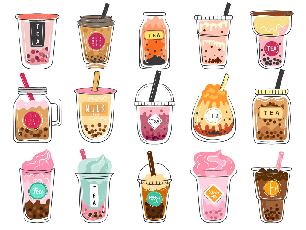 نقاشی های چای حبابی: نوشیدنی های دسر آسیایی در فنجان‌های پلاستیکی. مجموعه‌ای از وکتورهای خوشمزه و تازه‌ساز موکا و چای سرد با یخ و حباب برای منوی کافه.