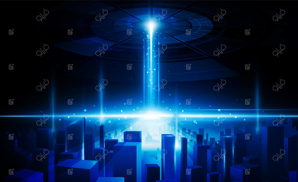 سفینه فضایی انتزاعی با پرتوی نور: طراحی پس‌زمینه نوآورانه برای مفهوم ارتباطات دیجیتال و فناوری پیشرفته در شهر مدرن