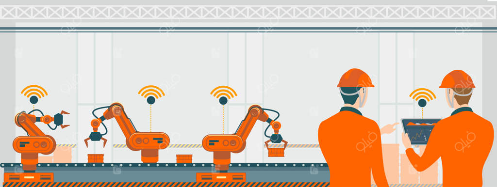 کارخانه هوشمند با ربات‌های کارگر و فناوری خط تولید: یک تصویر مفهومی