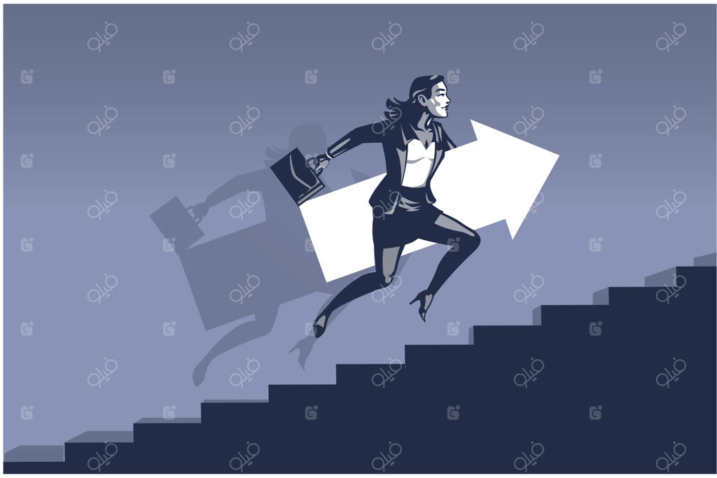 زن تاجر با عجله در حال بالا رفتن از پله‌ها و حمل پیکان بزرگ - مفهوم تصویرسازی پیشرفت زن در تجارت