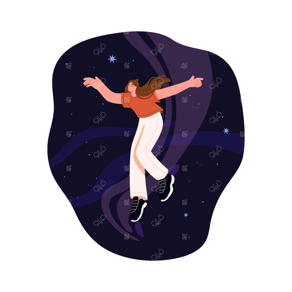 فضانورد خلاق: زنی الهام‌گرفته و خیال‌پرداز در کیهان، در جستجوی ایده‌پردازی و تخیل. مفهوم خلاقیت و رویاپردازی با تصویرسازی زیبا. دختر جوانی که غرق در رویاهاست.