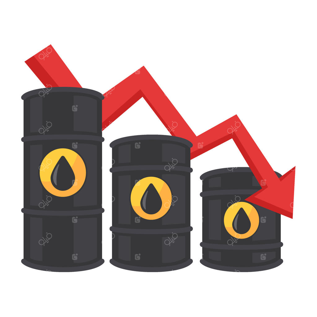 مفهوم کاهش قیمت نفت با بشکه‌های نفت و فلش قرمز نزولی که روندهای بازار و تاثیرات اقتصادی را نشان می‌دهد