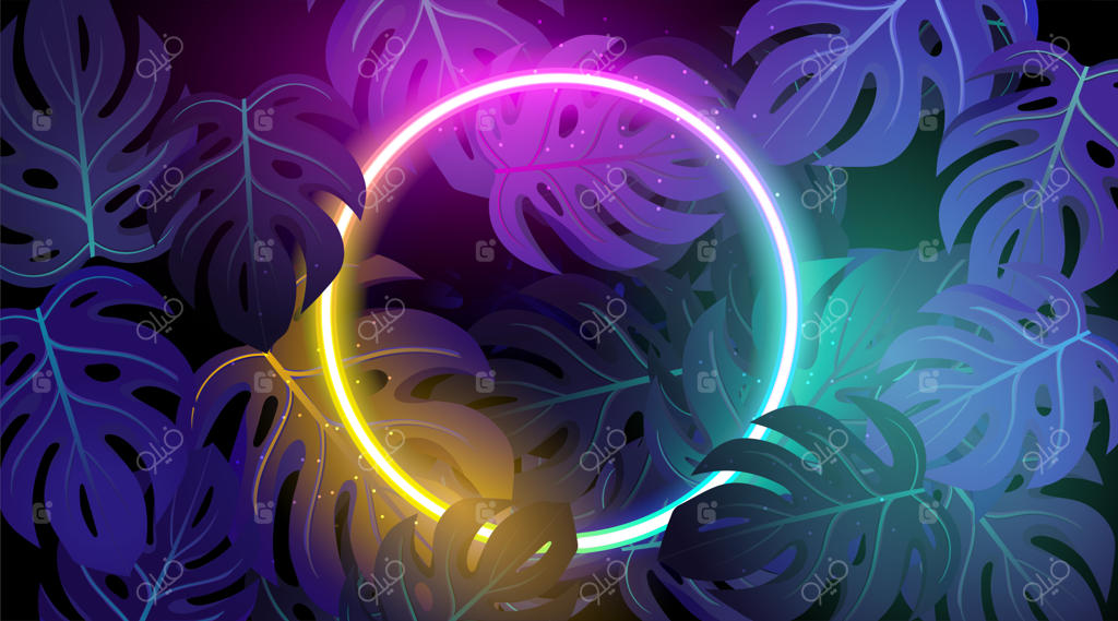 زمینه برگ‌های استوایی با قاب نئونی رنگارنگ